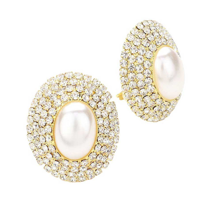 Gold-Oval Crystal Pearl Clip On Earrings, Add a touch of elegance to any outfit The oval shape adds a unique twist to the classic pearl design. No piercings? No problem with the convenient clip on feature. Perfect for a playful, yet sophisticated look! This Earrings unique and eye-catching accessory.