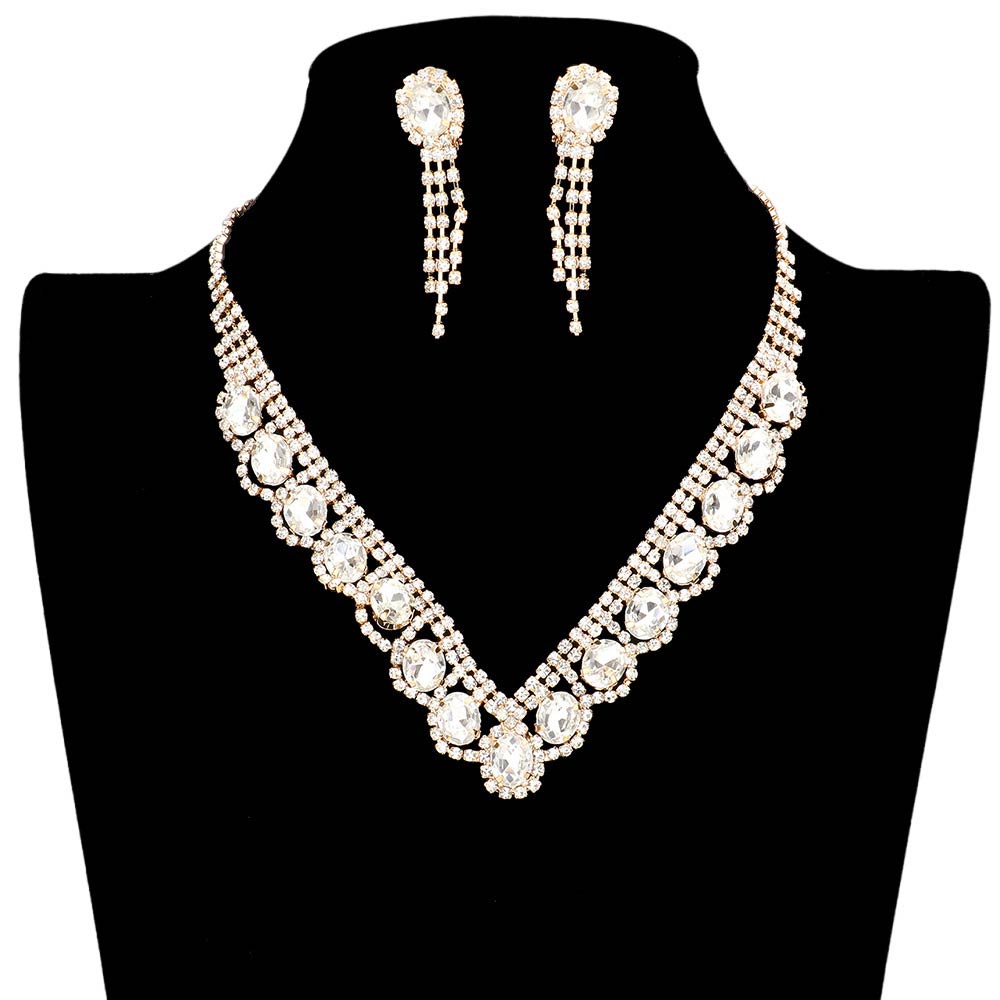 Gold Oval Stone Accented V Shaped Rhinestone Necklace Earring Set, get ready with these oval stone accented necklaces to receive the best compliments on any special occasion. Put on a pop of color to complete your ensemble and make you stand out on special occasions. Perfect for adding just the right amount of shimmer & shine and a touch of class to special events.
