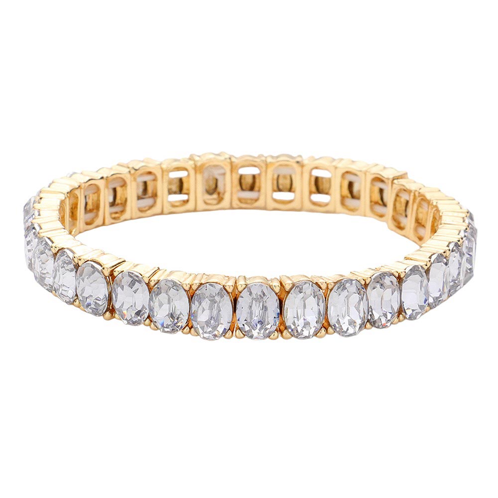 Gold Oval Stone Cluster Stretch Evening Bracelet, an exquisite piece of jewelry with beautiful oval-shaped stones arranged in a cluster. Crafted with a stretchable elastic band, this bracelet provides a comfortable fit for any size wrist. A stunning accessory for a special occasion. Perfect gift choice for someone you love.