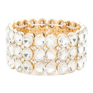 Gold Oval Stone Cluster Stretch Evening Bracelet, This beautiful bracelet features an elegant design with 14K rose gold plated accents and center stones for a stunning, eye-catching look. Enjoy the comfort of the elasticized fit and the glamour of special occasions. Perfect for your next formal event or evening out.