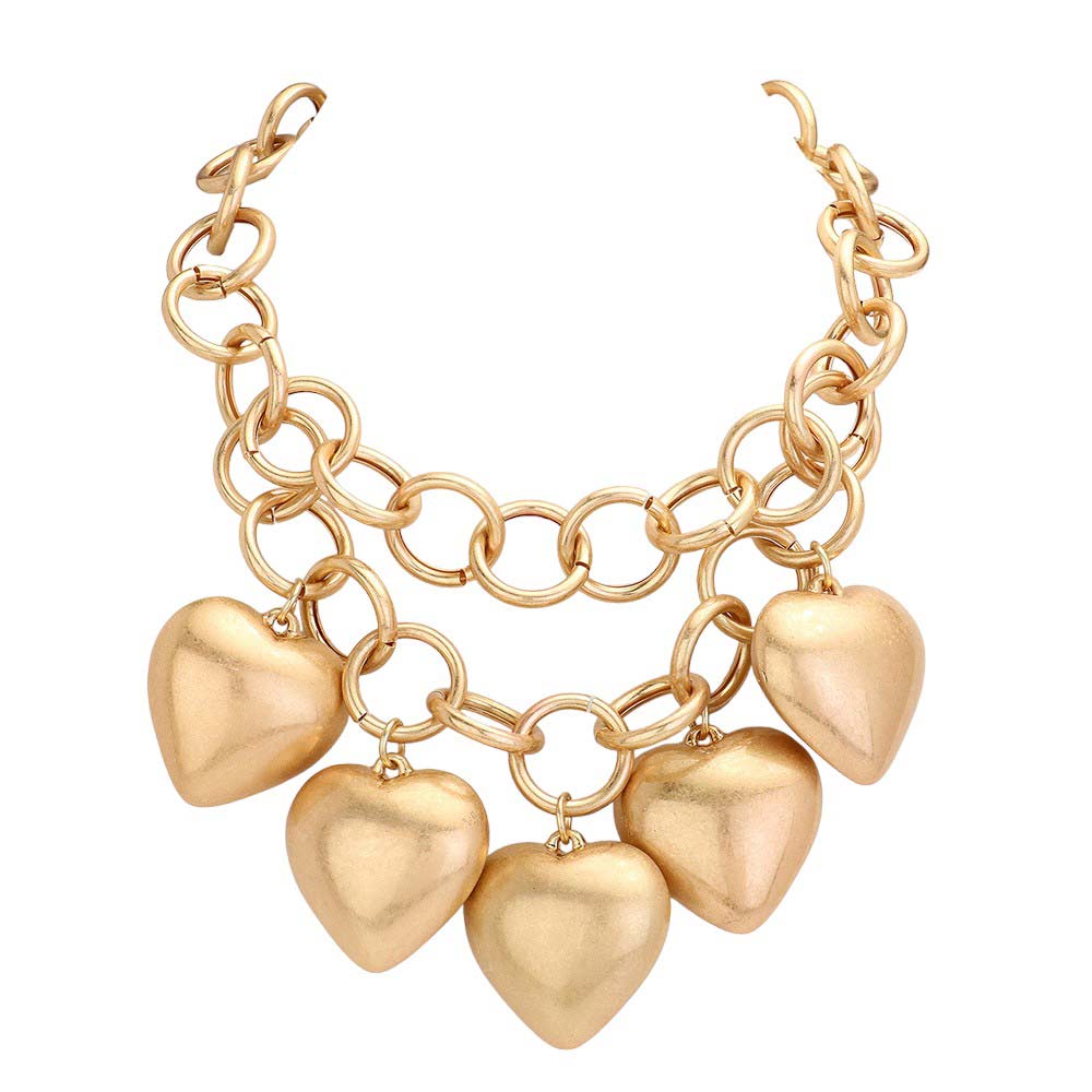 Gold Oversized Chunky Metal Heart Pendant Station Double Layered Chain Necklace, This chain necklace features an oversized chunky metal heart pendant station, creating a bold and fashionable statement piece. Perfect for giving a heartwarming Valentine's Day gift to loved one, it will elevate your style to the next level.