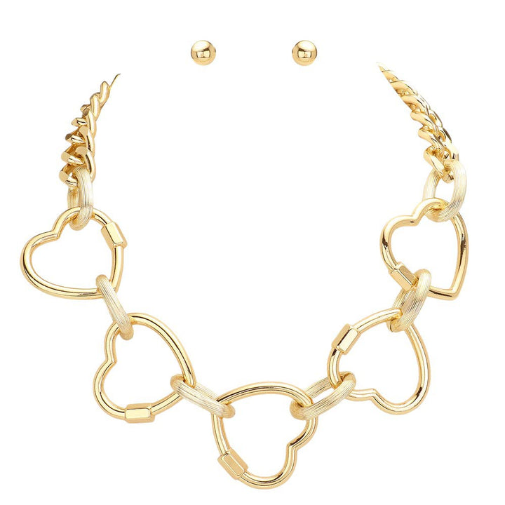 Gold Oversized Metal Open Heart Link Jewelry Set. Upgrade your accessory collection. This versatile set features oversized metal open-heart links that add a modern touch to any outfit. Crafted with high-quality materials, this set is durable and stylish. Elevate your look with this must-have jewelry set today.