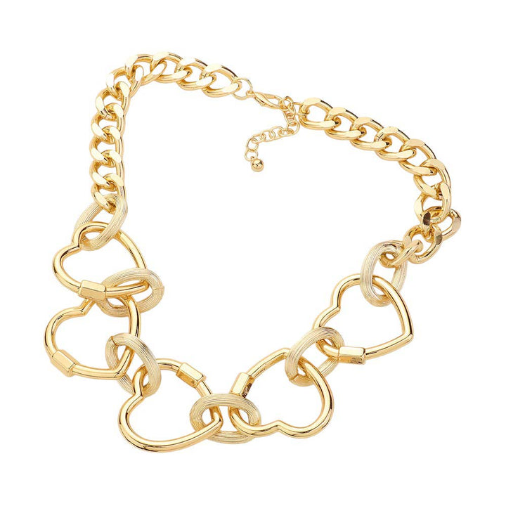 Gold Oversized Metal Open Heart Link Jewelry Set. Upgrade your accessory collection. This versatile set features oversized metal open-heart links that add a modern touch to any outfit. Crafted with high-quality materials, this set is durable and stylish. Elevate your look with this must-have jewelry set today.