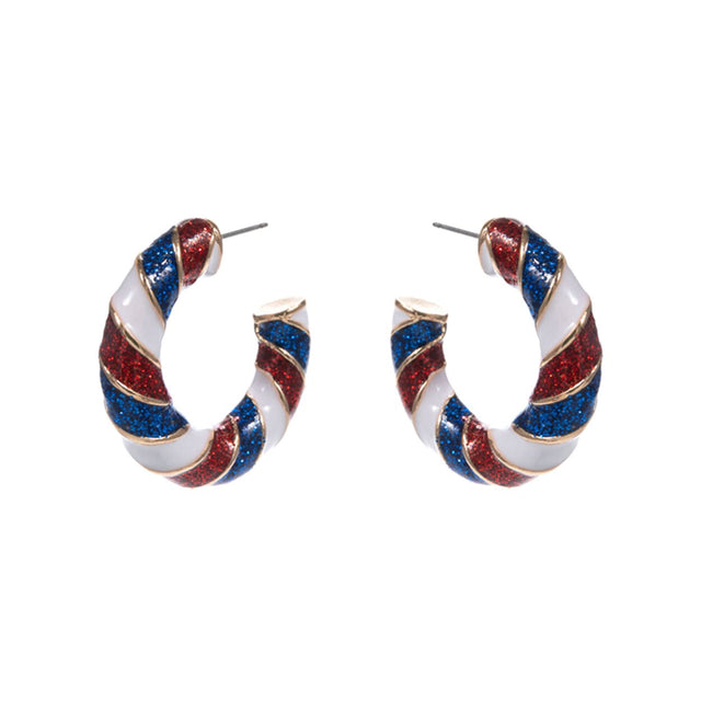 Gold Add a pop of patriotic sparkle with these spiral hoop earrings. Featuring red, white, and blue glitter stripes with gold trim, they're perfect for July 4th, Memorial Day, and festive flair all year round. Lightweight and eye-catching!