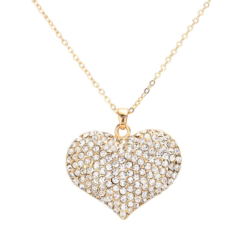 Gold Pave Crystal Rhinestone Heart Pendant Necklace, This elegant necklace is a perfect addition to any outfit. Made with quality materials, this necklace boasts a stunning heart-shaped pendant adorned with sparkling rhinestones. Add a touch of glamour to your look and make a statement with this beautiful piece of jewelry.