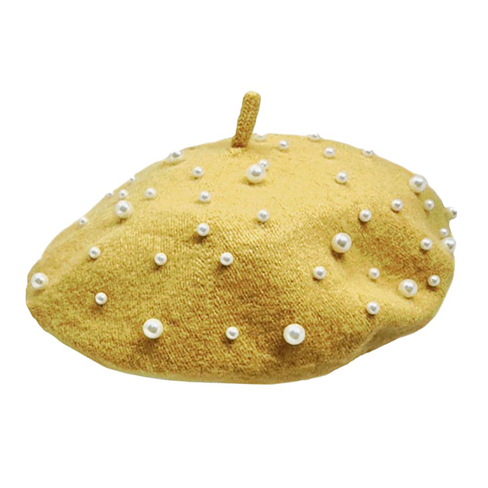 Gold-Pearl Embellished Tam Beret Hat, Featuring a classic beret design, this stylish hat is adorned with elegant pearls for a touch of sophistication.Adding a touch of glamour to any outfit, this hat is a must-have accessory for any fashion-forward individual.Upgrade your style today with our Pearl Embellished Tam Beret Hat