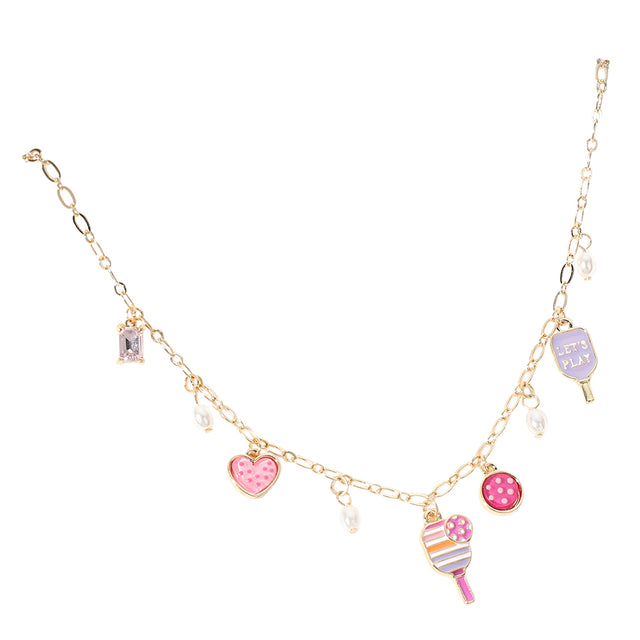 Gold Pink Let's Play Message Enamel Pickleball Pearl Charm Station Necklace is a must-have for any pickleball enthusiast. The stunning pearl charm and enamel design add a touch of elegance, while the "Let's Play" message promotes a sense of fun and camaraderie. Show off your love for this popular sport with style and grace.