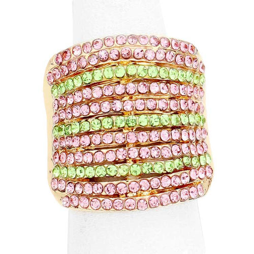 Anillo elástico de varias filas con pavé de diamantes de imitación - Dorado, rosa y verde