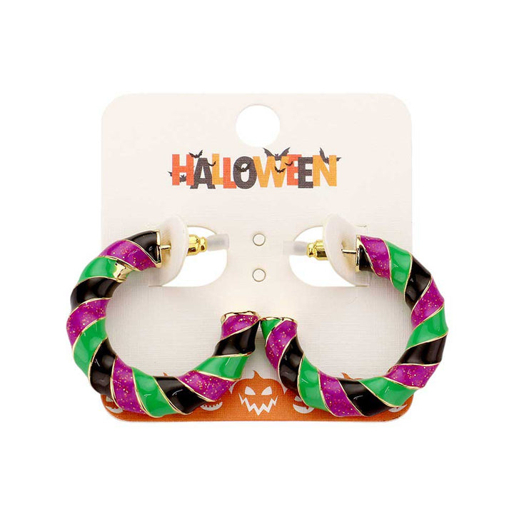 Gold-Purple-Enamel Halloween Twisted Hoop Earrings add a spooky twist to any outfit. Made with high-quality enamel, these earrings are durable and stylish. The twisted hoop design adds a unique touch to your Halloween look. Perfect for any Halloween party or event, these earrings are a must-have for any fashion-forward individual.