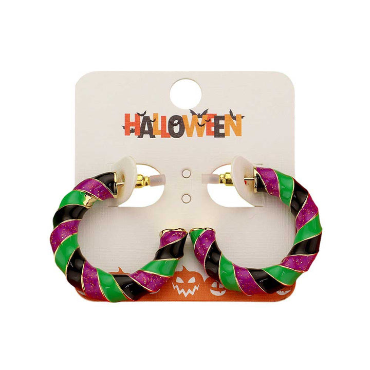 Gold-Purple-Enamel Halloween Twisted Hoop Earrings add a spooky twist to any outfit. Made with high-quality enamel, these earrings are durable and stylish. The twisted hoop design adds a unique touch to your Halloween look. Perfect for any Halloween party or event, these earrings are a must-have for any fashion-forward individual.