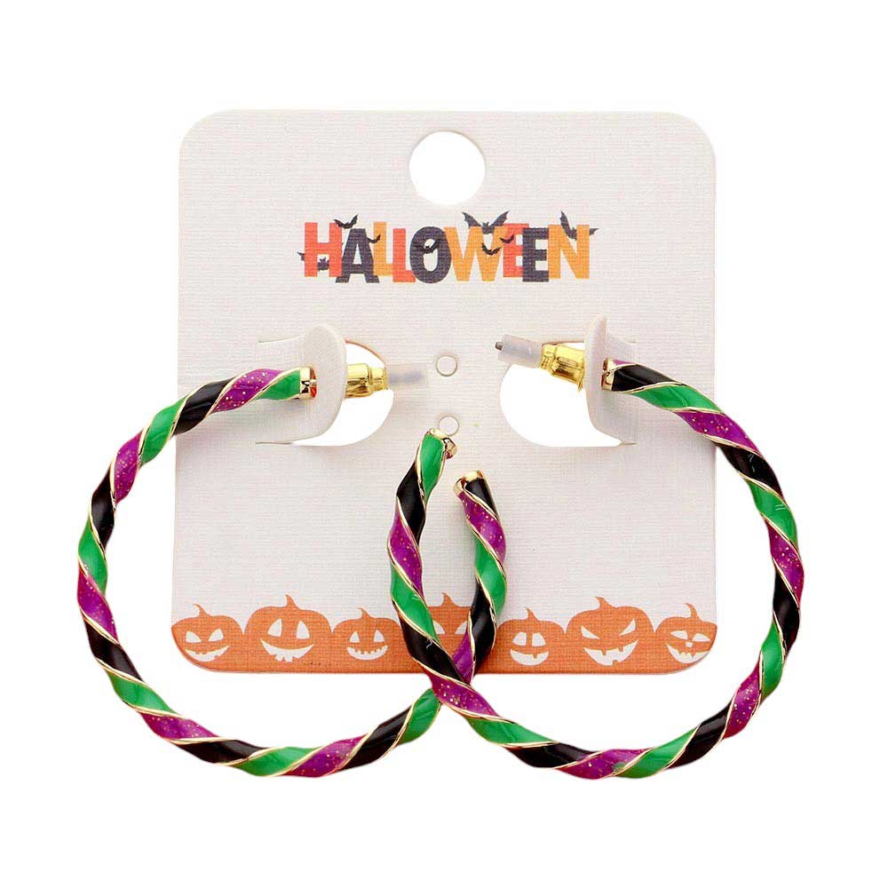 Gold-Purple-Enamel Halloween Twisted Hoop Earrings add a festive touch to any outfit. Made from durable materials, they are perfect for wear during the holiday season. Featuring a unique twisted design and vibrant enamel colors, these earrings are a must-have for any Halloween enthusiast.