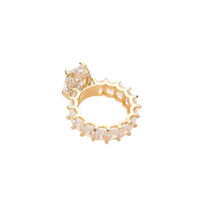 Gold Rectangle Stone Accented Baguette Stone Band Ring is crafted with a stone set border and baguette-cut stones for a unique and chic look. Each stone is hand-selected and placed to ensure quality and shine. Show off your personal style on any occasion with this eye-catching ring!