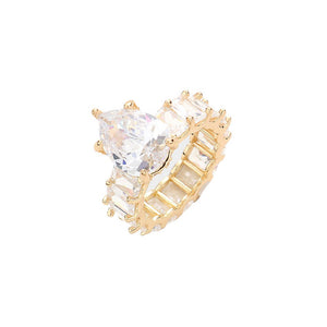 Gold Rectangle Stone Accented Baguette Stone Band Ring is crafted with a stone set border and baguette-cut stones for a unique and chic look. Each stone is hand-selected and placed to ensure quality and shine. Show off your personal style on any occasion with this eye-catching ring!