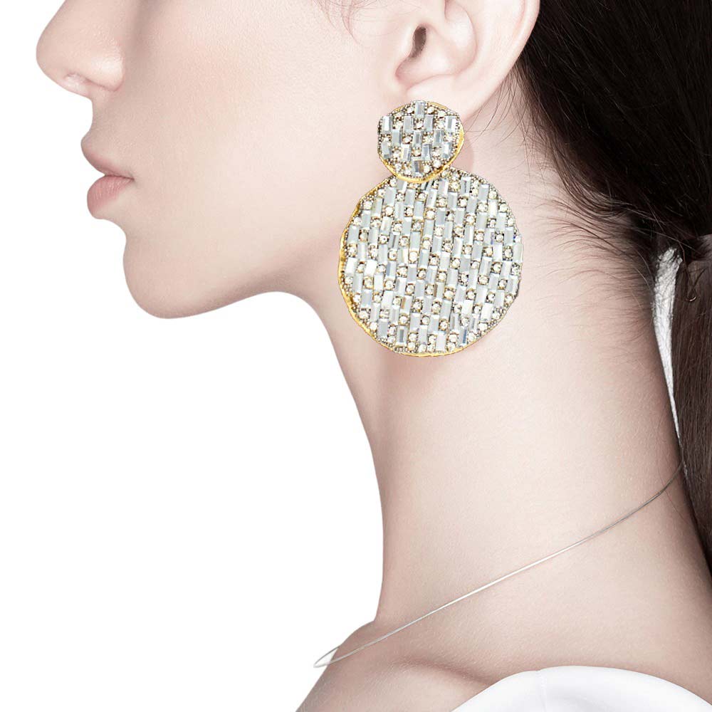 Gold Rectangle Stone Accented Disc Linked Earrings, feature a modern and eye-catching design. Rectangular stones are bordered by beginner-friendly disc-shaped links for a beautiful blend of texture and shine. Wear them to add a touch of sparkle to any outfit.