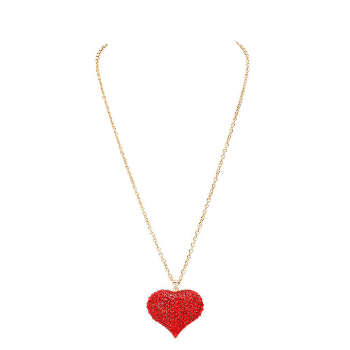 Gold Red Crystal pave heart pendant long necklace, This elegant long necklace features a stunning crystal pave heart pendant, adding a touch of sparkle to any outfit. The delicate design and high-quality materials make it a versatile and timeless piece that can be worn for any occasion. Elevate your style with this.