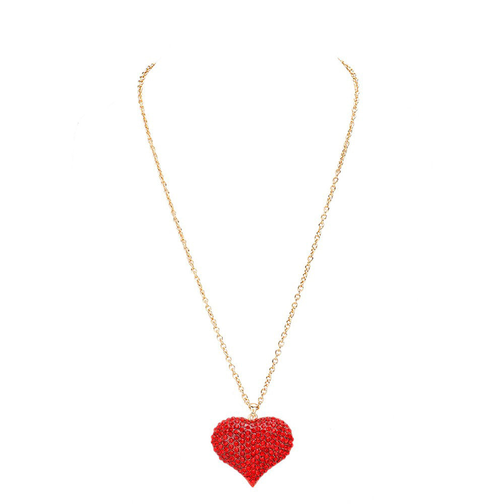 Gold Red Crystal pave heart pendant long necklace, This elegant long necklace features a stunning crystal pave heart pendant, adding a touch of sparkle to any outfit. The delicate design and high-quality materials make it a versatile and timeless piece that can be worn for any occasion. Elevate your style with this.