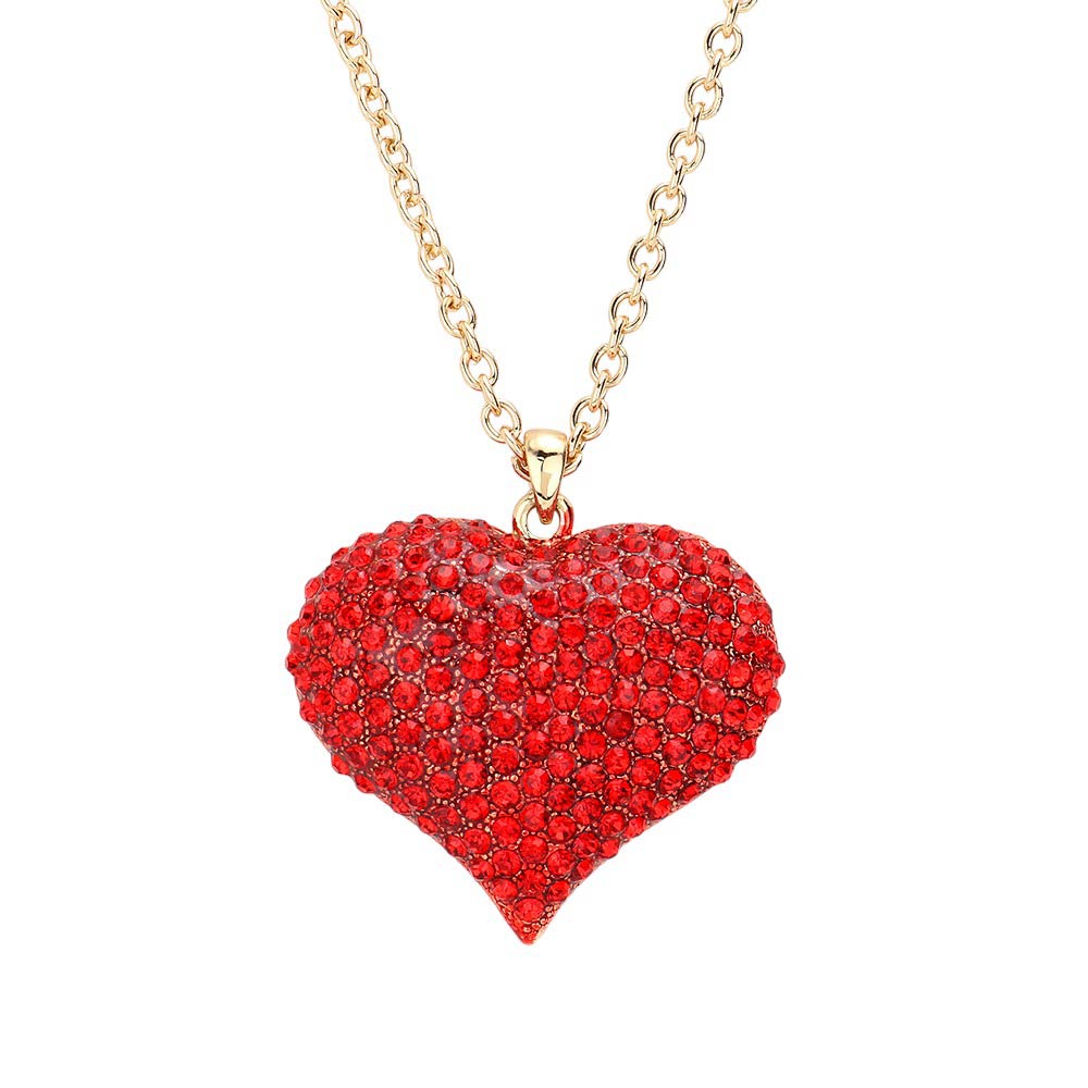 Gold Red Crystal pave heart pendant long necklace, This elegant long necklace features a stunning crystal pave heart pendant, adding a touch of sparkle to any outfit. The delicate design and high-quality materials make it a versatile and timeless piece that can be worn for any occasion. Elevate your style with this.