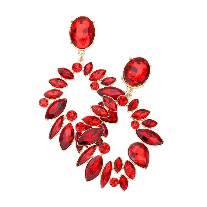 Gold Red Marquise Stone Cluster Open Oval Evening Earrings, looks like the ultimate fashionista with these evening earrings! The perfect sparkling earrings adds a sophisticated & stylish glow to any outfit. Ideal for parties, weddings, graduation, prom, holidays, pair these earrings with any ensemble for a polished look.