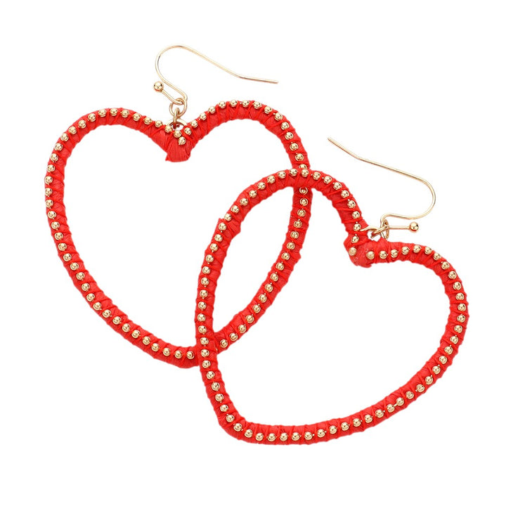 Gold Red Raffia Metal Ball Wrapped Open Heart Dangle Earrings add a touch of sophistication to any outfit. The delicate raffia wrapping and open heart design make them a unique and stylish accessory. Handcrafted with precision, these earrings are a must-have for any fashion-forward individual.