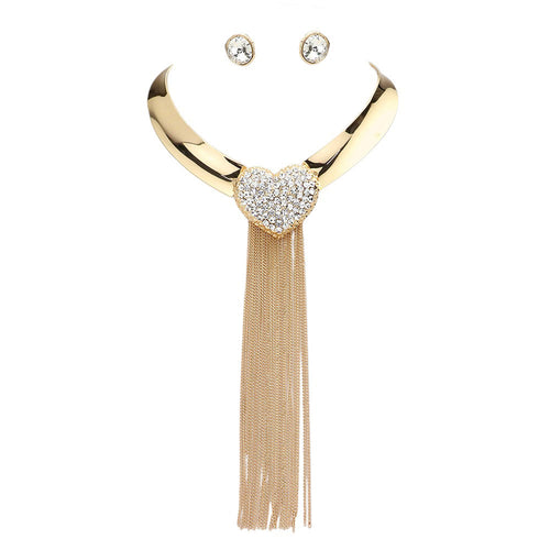 Rhinestone Heart Long Dropped Metal Chain Tassel Jewelry Set - Gold