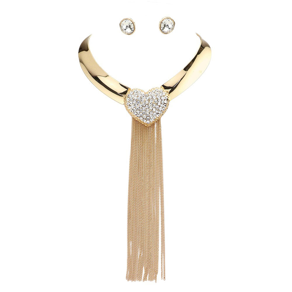 Gold Rhinestone Embellished Heart Long Dropped Metal Chain Tassel Jewelry Set, is perfect for adding a touch of glamour to your special occasion look. This sparkling rhinestone set will instantly give any outfit an eye-catching edge. The metal chain tassels provide an elegant look. Perfect gift choice on any special day!