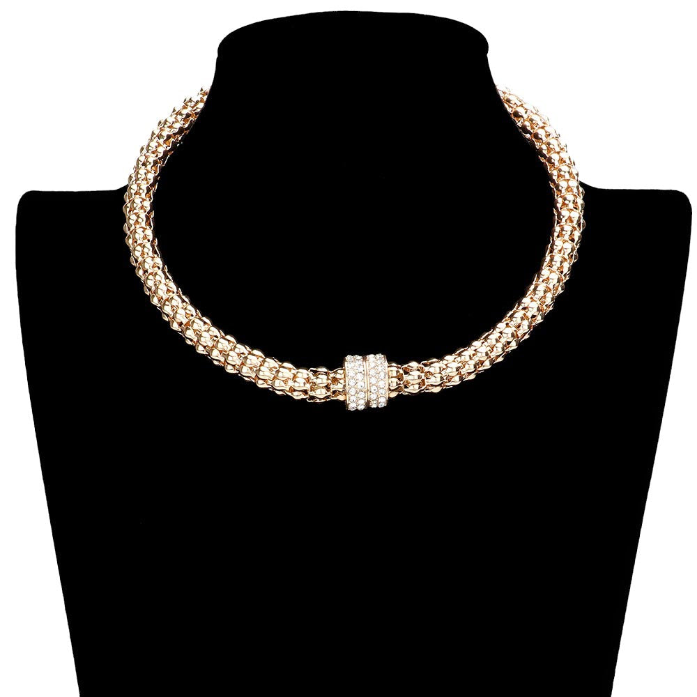 Gold Rhinestone Embellished Metal Choker Necklace, will add a touch of glamour to your look. Crafted from durable metal and embellished with sparkling rhinestones, this choker necklace will be a great accessory for any outfit on any special occasion. An excellent gift item for birthdays, anniversaries, weddings, etc.