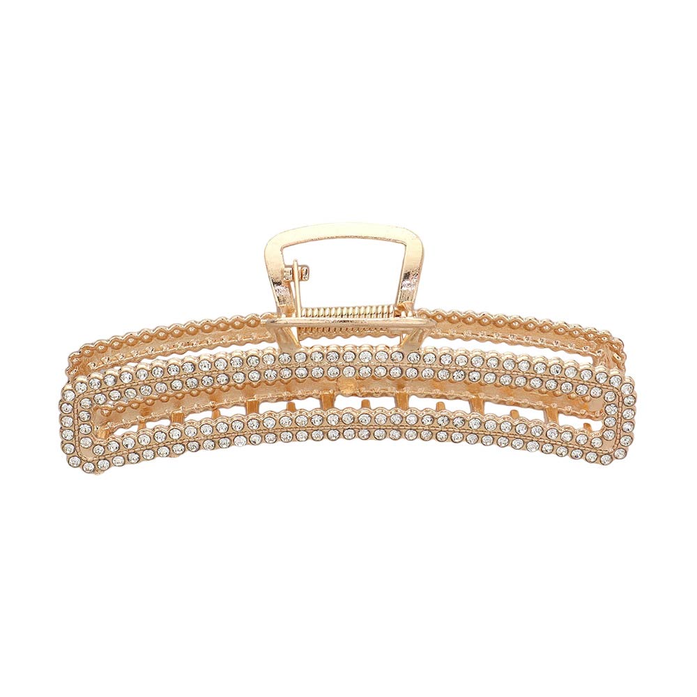 Gold Rhinestone Embellished Open Rectangle Hair Claw Clip, Glam up your look. This elegant addition to any hairstyle will give you a sophisticated look. Crafted with an open rectangle design this hair clip is perfect for any special occasion. This is the perfect gift for your friends, family, and the people you love.