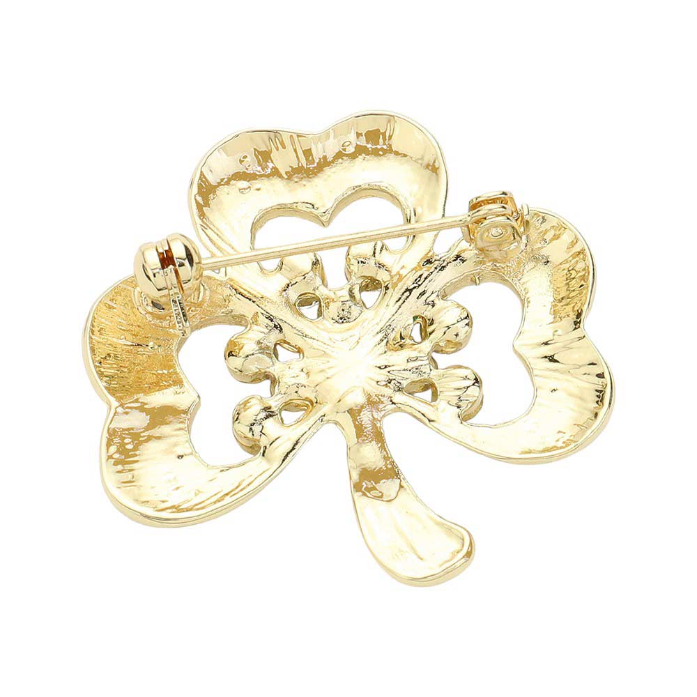 Gold Rhinestone Enamel Clover Pin Brooch, is an elegant accessory that adds a touch of sophistication to any outfit. The sparkling rhinestones and delicate enamel clover design make it a perfect statement piece for any occasion. With its versatile appeal, this brooch is a must-have for any fashion-forward individual.