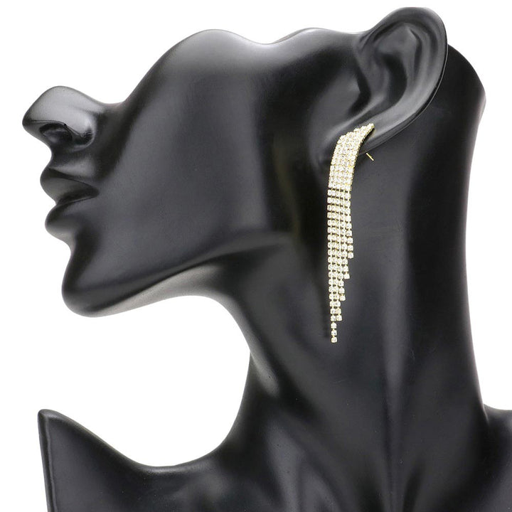 Gold Rhinestone Fringe Dangle Evening Earrings, Crafted with exceptional attention to detail, these earrings are perfect for any special occasion as like- wedding, birthday, anniversary, prom night, party, or to give as a gift. Featuring a luxurious rhinestone fringe, these earrings will take your look to the next level.