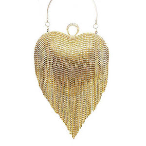 Gold Rhinestone Fringe Heart Evening Tote Clutch Crossbody Bag, This high quality Clutch Bag is both unique and stylish. perfect for money, credit cards, keys or coins, comes with a wristlet for easy carrying, light and simple. Look like the ultimate fashionista carrying this trendy Rhinestone Fringe Heart Clutch Bag!