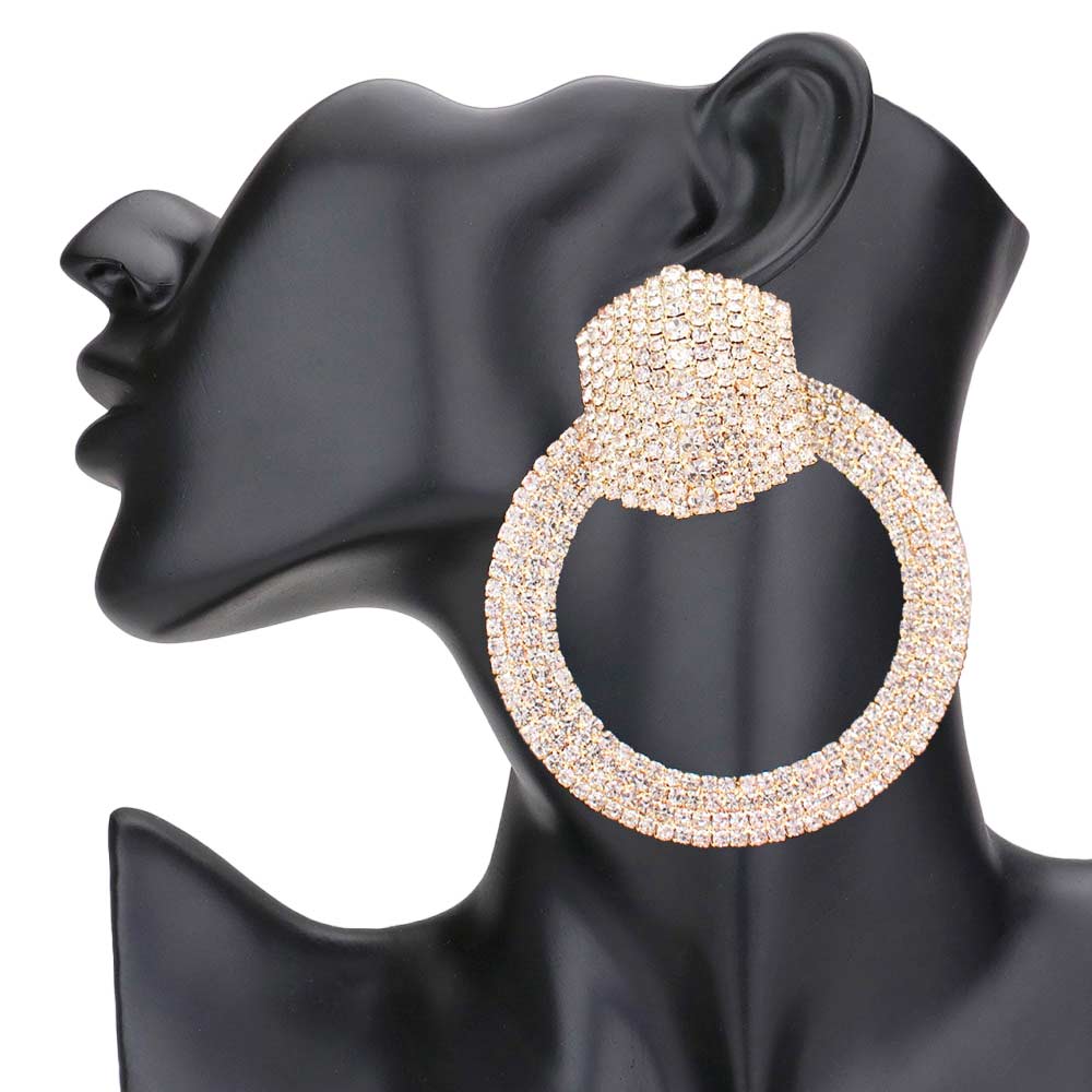 Gold Rhinestone Pave Hexagon Open Circle Evening Earrings, get ready with these evening earrings to receive the best compliments on any special occasion. These classy evening earrings are perfect for parties, Weddings, and Evenings. Awesome gift for birthdays, anniversaries, Valentine’s Day, or any special occasion.