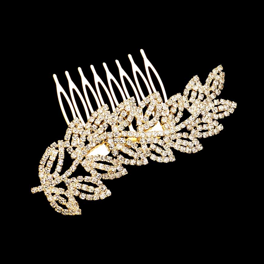 Gold Rhinestone Pave Leaf Hair Comb, this elegant rhinestone hair comb will add an eye-catching sparkle to any look. The beautifully crafted design hair comb adds a gorgeous glow to any special outfit. These are Perfect Gifts for Birthdays, Anniversary, Prom Jewelry etc.