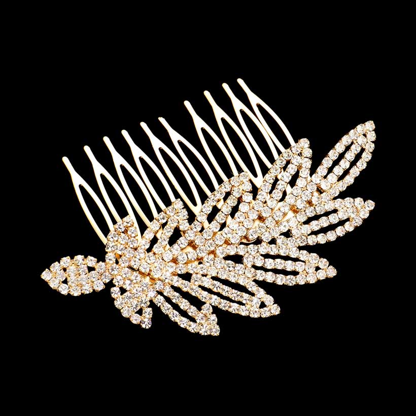 Gold Rhinestone Pave Leaf Hair Comb, this elegant rhinestone hair comb will add an eye-catching sparkle to any look. The beautifully crafted design hair comb adds a gorgeous glow to any special outfit. These are perfect gifts for birthdays, anniversaries, and Prom Jewelry, and also ideal for any special occasion.