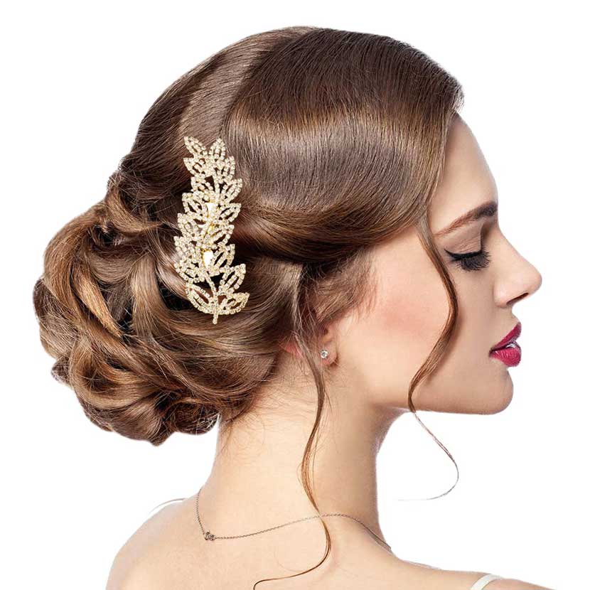 Gold Rhinestone Pave Leaf Hair Comb, this elegant rhinestone hair comb will add an eye-catching sparkle to any look. The beautifully crafted design hair comb adds a gorgeous glow to any special outfit. These are Perfect Gifts for Birthdays, Anniversary, Prom Jewelry etc.