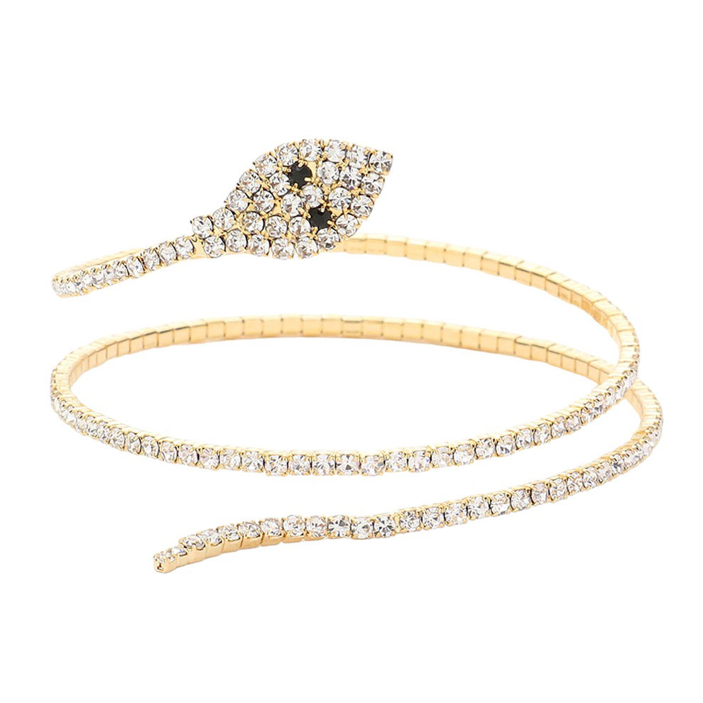 Gold Rhinestone Pave Snake Coil bracelet, is the perfect way to add a glamorous touch and also adds an eye-catching sparkle to any outfit. These classy rhinestone bracelets are perfect for parties, Weddings, and Evenings. Awesome gift for birthdays, anniversaries, Valentine’s Day, or any special occasion.