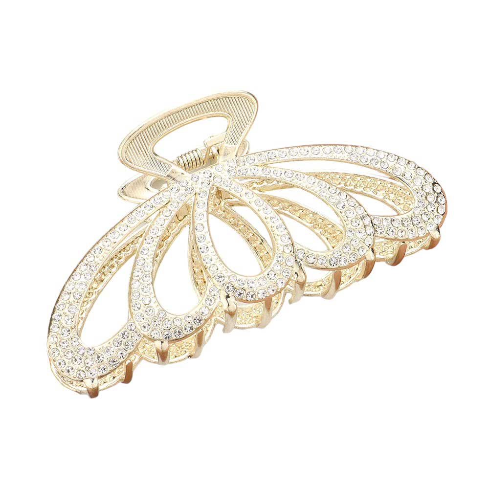 Gold Rhinestone Paved Hair Claw Clip, is the perfect accessory for any special occasion. The sparkly rhinestones catch light for a beautiful eye-catching accent. Its strong grip makes it perfect for clipping any hairstyle securely, all while adding a hint of glamour.