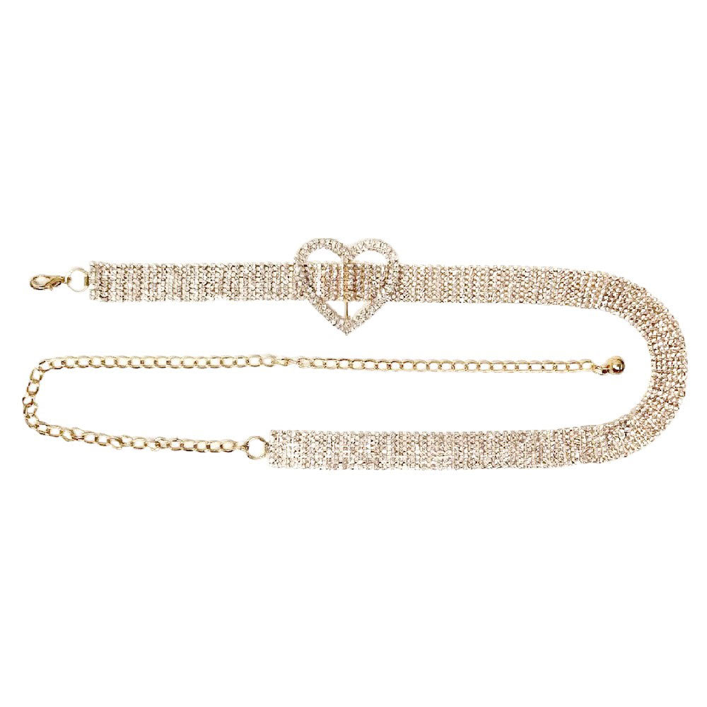 Gold Rhinestone Paved Heart Belt, is a stunning accessory that will elevate any outfit. The belt features three heart-shaped designs, adorned with sparkling rhinestones for a touch of glamour. Perfect for adding a touch of elegance to your special occasion look, this belt is not only stylish but also durable.