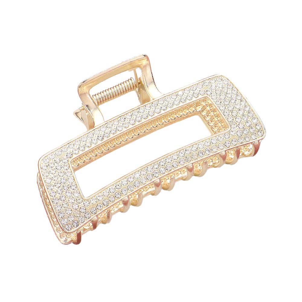 Gold Rhinestone Paved Open Rectangle Hair Claw Clip, is an eye-catching addition to your hair accessories collection. It is made of glossy metal and features an open rectangle shape that sparkles with rhinestones. This hair clip is sure to elevate your look and effortlessly secure your hair in place.