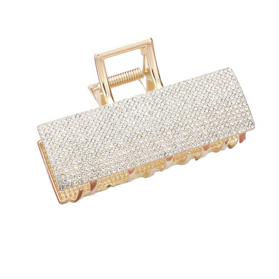 Gold Rhinestone Paved Rectangle Hair Claw Clip, is an eye-catching addition to your hair accessories collection. It is made of glossy metal and features a rectangular shape that sparkles with rhinestones. This hair clip is sure to elevate your look and effortlessly secure your hair in place.