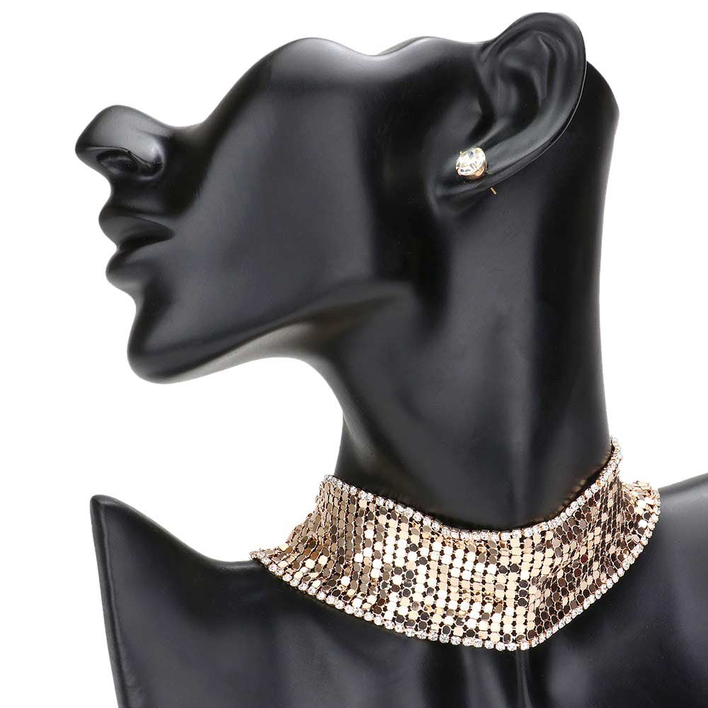 Black Rhinestone Trimmed Metal Choker Jewelry Set, this stylish metal choker jewelry set is the perfect accessory to complete any look. This metal choker jewelry set is a must-have accessory to elevate any outfit. An excellent gift item for birthdays, anniversaries, weddings, bridal showers, and other special occasions.
