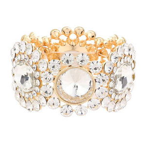 Gold Round Stone Accented Stretch Evening Bracelet, is perfect for any special occasion. Made with precious stones, it offers the perfect balance of sparkle and subtlety. The adjustable stretch band ensures a comfortable fit, making it an ideal accessory for any evening outfit. Perfect occasional gift idea for close ones.