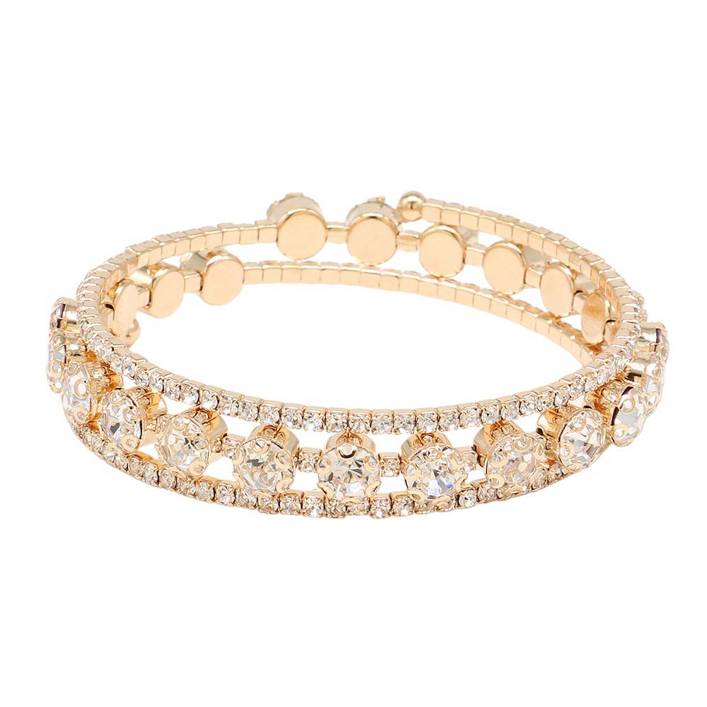 Gold Round Stone Pointed Coil Evening Bracelet, is crafted with sophistication. It features a stunning pointed stone with a polished metal finish, making it a unique addition to any collection. Its lightweight design is perfect for any special occasion. An ideal gift for favorite ones on special days or any other day.