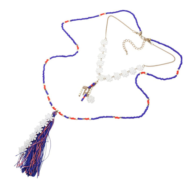 Gold Royal Blue  Double-layer flower tassel drop beaded necklace is the perfect accessory to add a touch of elegance to any outfit. With its intricate design and long length, it can easily be dressed up or down for any occasion. The double layers and tassel drop provide a unique touch, making it a must-have for any fashion-forward individual.