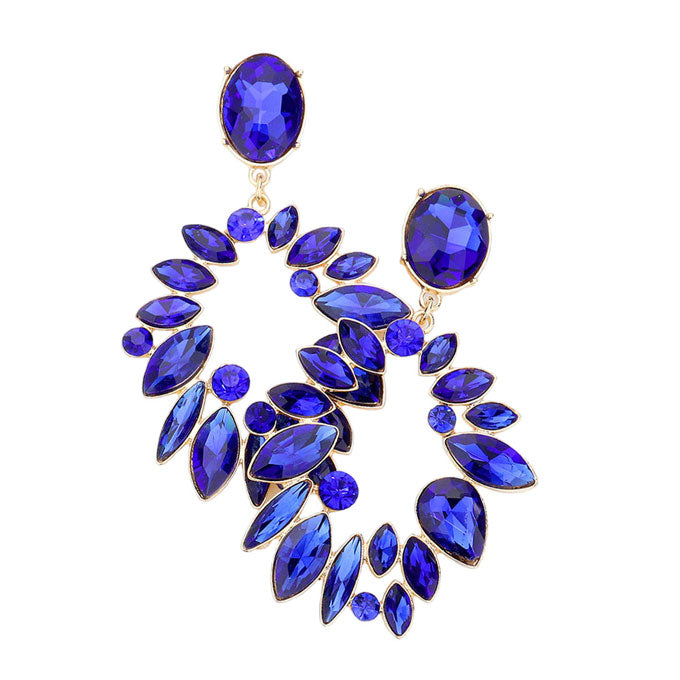 Gold Royal Blue Marquise Stone Cluster Open Oval Evening Earrings, looks like the ultimate fashionista with these evening earrings! The perfect sparkling earrings adds a sophisticated & stylish glow to any outfit. Ideal for parties, weddings, graduation, prom, holidays, pair these earrings with any ensemble for a polished look.