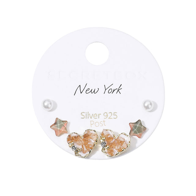 Gold SECRET BOX_925 Sterling Silver Post Heart Stone Star Pearl 3 Pairs Stud Earring Set is a must-have for any jewelry collection. Made with high-quality materials, these earrings offer a timeless and elegant look. Effortlessly elevate any outfit with these versatile and stylish studs. Perfect for any occasion.