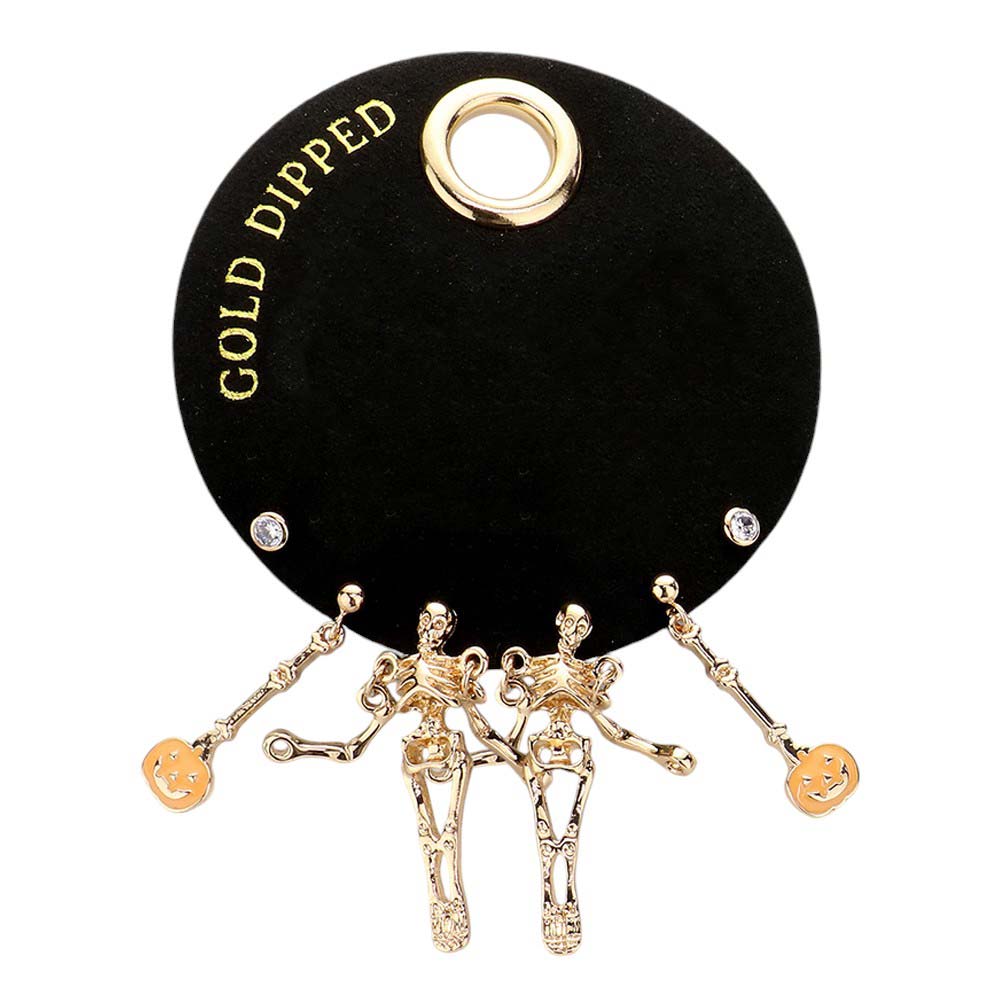 GOld-SECRET BOX_Gold Dipped Enamel Halloween Pumpkin Metal Skeleton Stone Stud 3 Pairs Earring Set, Crafted with precision and attention to detail, these earrings are the perfect way to add a touch of spooky elegance to any outfit. Elevate your style this Halloween with these one-of-a-kind earrings.
