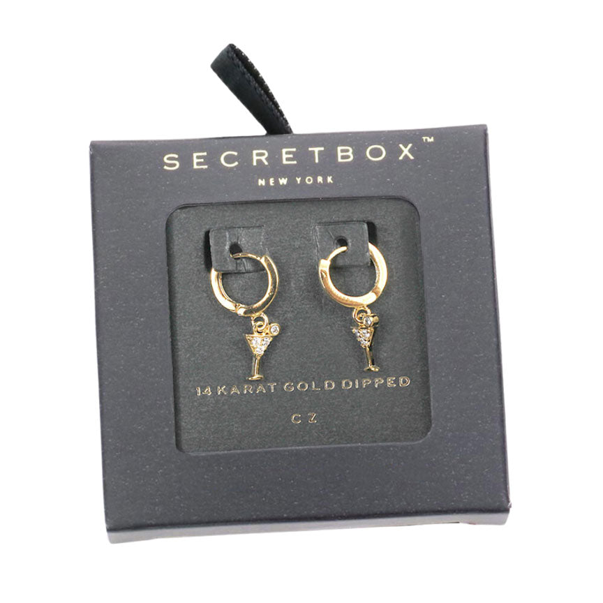 Gold Secret Box 14K Gold Dipped CZ Embellished Metal Cocktail Dangle Huggie Earrings, are fun handcrafted jewelry that fits your lifestyle, adding a pop of pretty color. Enhance your attire with these vibrant artisanal earrings to show off your fun trendsetting style. Great gift idea for your Wife, Mom or any family member.