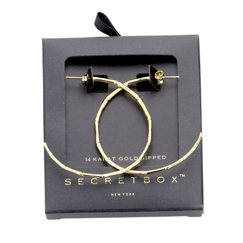Gold Secret Box 14K Gold Dipped Bamboo Metal Half Hoop Earrings, are fun handcrafted jewelry that fits your lifestyle, adding a pop of pretty color. Enhance your attire with these vibrant artisanal earrings to show off your fun trendsetting style. Great gift idea for your Wife, Mom, or any family member.