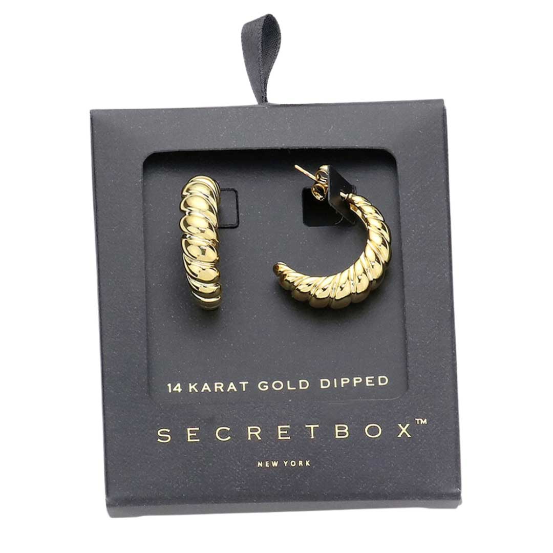 Yellow Gold Secret Box 14K Gold Dipped Bold Metal Hoop Earrings, put on a pop of color to complete your ensemble. Beautifully crafted design adds a gorgeous glow to any outfit. Jewelry that fits your lifestyle! Perfect Birthday Gift, Anniversary Gift, Mother's Day Gift, Graduation Gift, Prom Jewelry, Just Because Gift, Thank you Gift, Valentine's Day Gift.