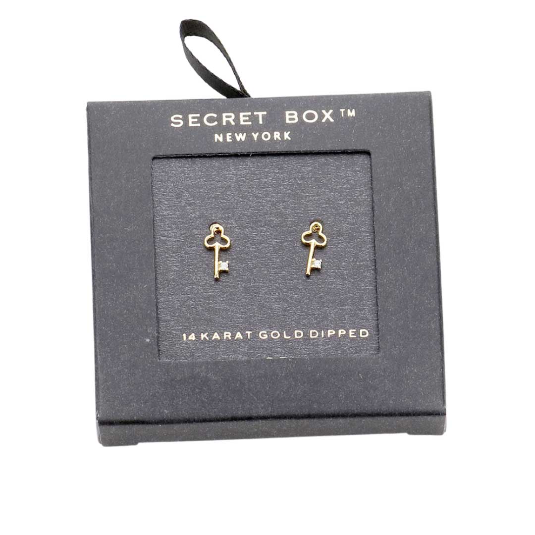 Gold Secret Box 14K Gold Dipped CZ Clover Key Stud Earrings, are fun handcrafted jewelry that fits your lifestyle, adding a pop of pretty color. Enhance your attire with these vibrant artisanal earrings to show off your fun trendsetting style. Great gift idea for your Wife, Mom, your Loving one, or any family member.